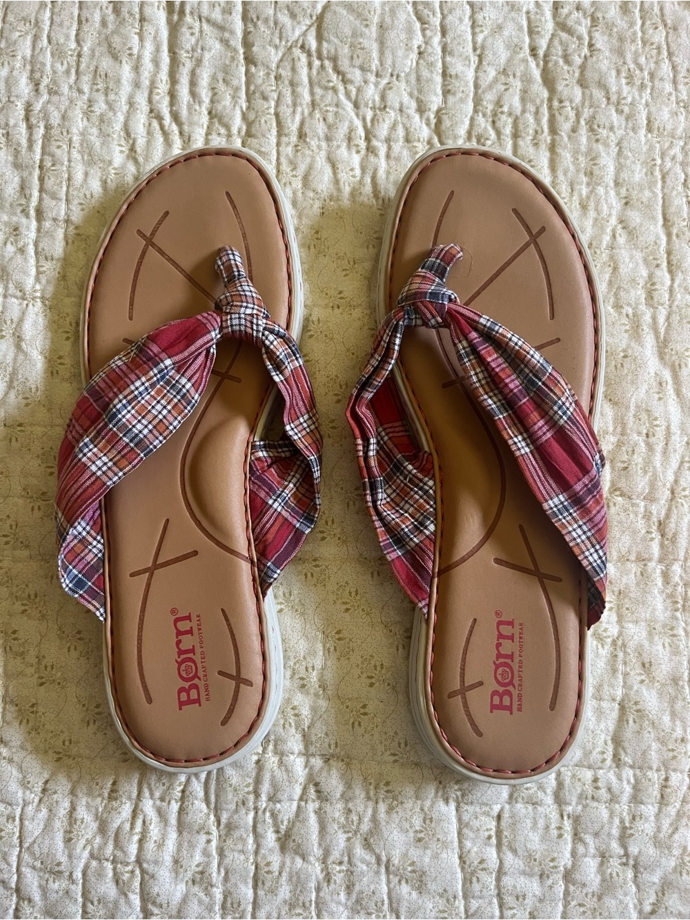 Born “Tide” Red Plaid Knot-Top Flip Sandals